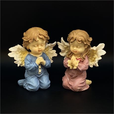 Pair of Kneeling Resin Angel Figurines - 7.5"T
