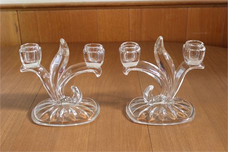 Vintage Indiana Glass Double Light Clear Candlestick Holder Deco "Lotus Blossom"