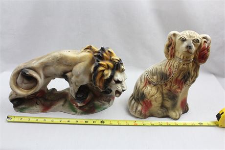 Vintage Chalkware Staffordshire Dog and Lion Statues