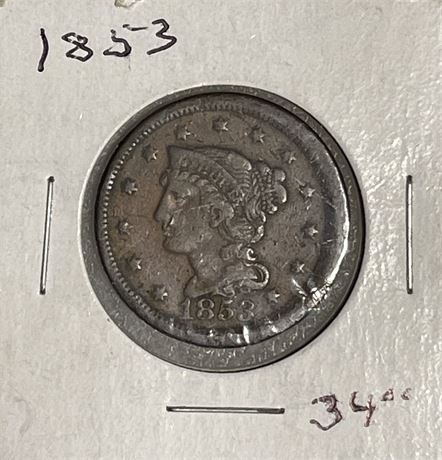 1853 US Braided Hair Large Cent Coin  ***Rare - Large Cent***