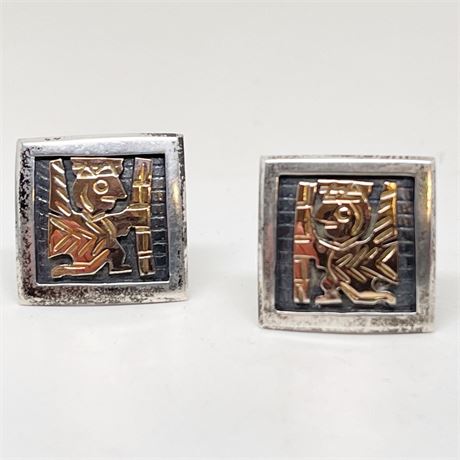 Mid Century Sterling and 18K Aztec Style Mens Cuff Links