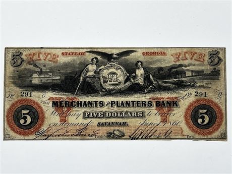 1860 State of Georgia Five Dollar Note