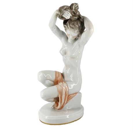 Herend Hungary 1942 Art Deco Porcelain Figurine no. 5706, Nude Woman Combing