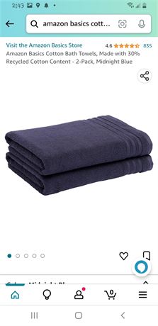 Amazon Basics 100% Cotton Quick-Dry Bath Towel, 2-Pack, Midnight Blue, 54" x 30"
