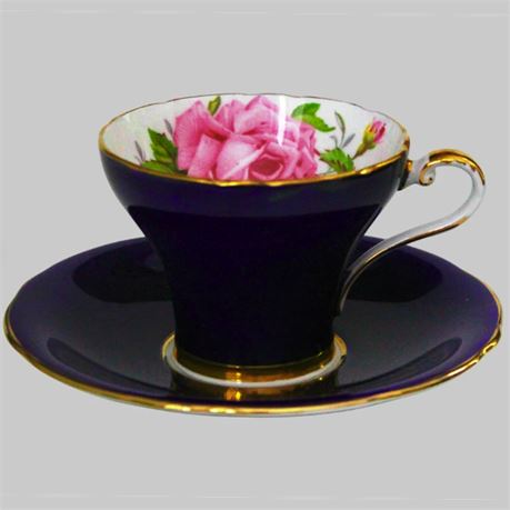 Vintage Aynsley Tea Cup Saucer Cobalt Blue Large Pink Cabbage Rose