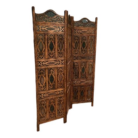 Moroccan Hand Carved Tri Fold Wood Room Divider