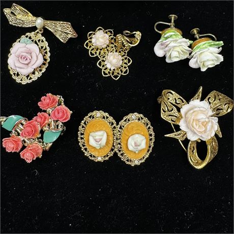 Vintage Floral Brooches and Earrings Set 6