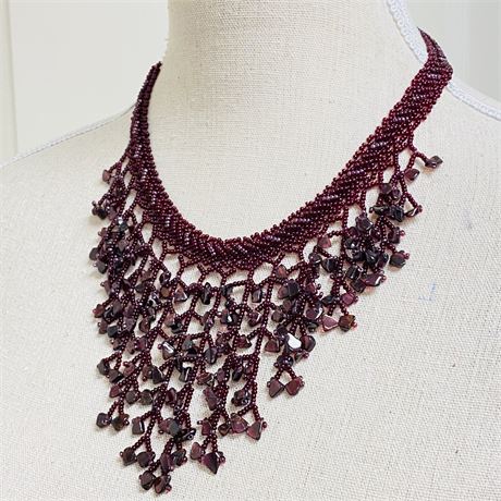 Vintage Hand Beaded Natural Ruby Chip Bib Necklace - Gorgeous!