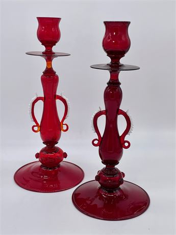 Pair of Salviati Style Venetian Red Glass Candlesticks