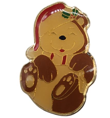 Christmas Santa Teddy Bear Brooch Pin 1.5" G Vintage Metal Brown Red Cream