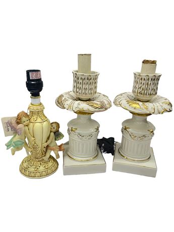 Vintage Cream with Gold Trim Lamps Lot of 3