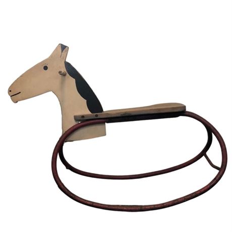 Vintage Metal and Wood Rocking Horse Hand Carved and Painted