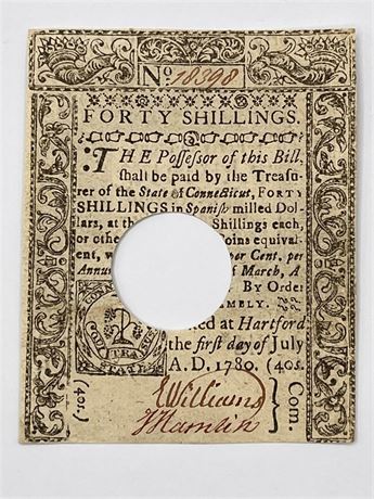 1780 Connecticut Forty Shilling Colonial Note Currency