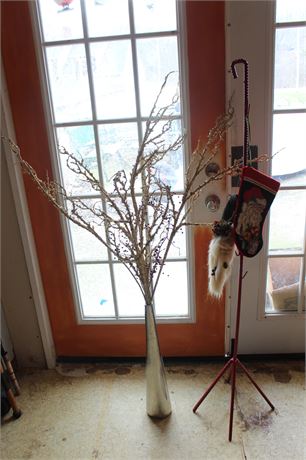 Rebar Stocking Tree and Large Metal Vase with Faux Branches