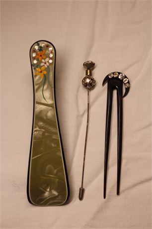Antique Marbleized Celluloid Shoe Horn, Hat Pin and Hair Comb