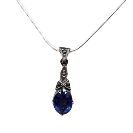 Sterling Marcasite and Lab-Created Blue Amethyst Pendant