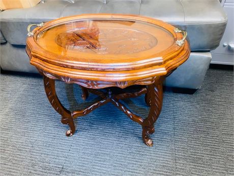 Antique Oval Oak Tea Table With Glass Serving Tray