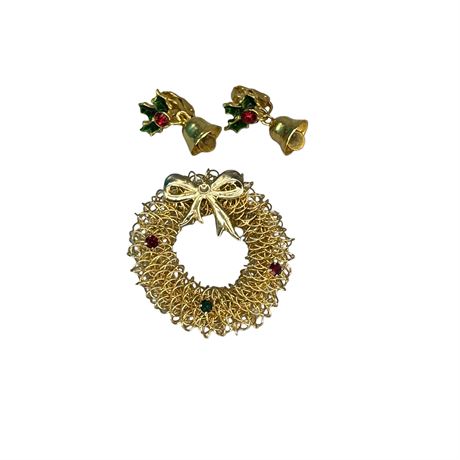 Vintage Wreath and Holly Bell Earrings