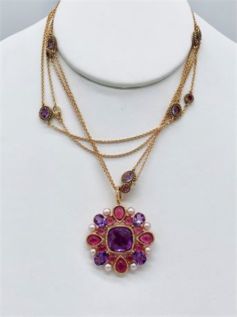 Amethyst and Pink Tourmaline Pendant on 18K Rose Gold Double Chain