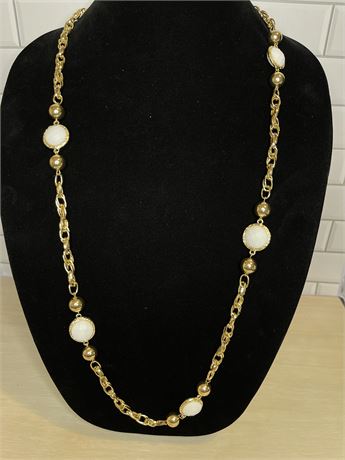 Long White Faceted and Gold Tone Bead Necklace