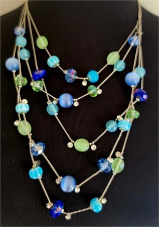 Shades of blue and green multi strand bead necklace