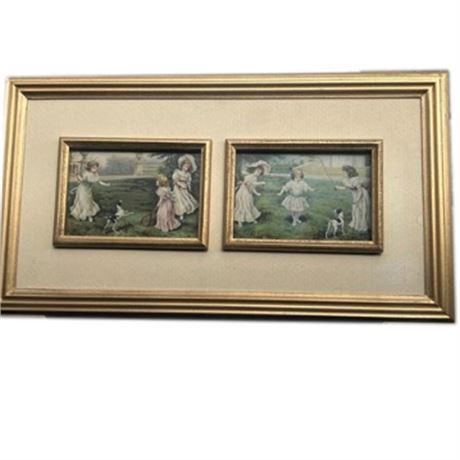 Victorian Picture Art Decor girls playing with dog