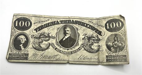 $100 Virginia Treasury Note No. 119 Oct. 15, 1862 Commonwealth of Virginia