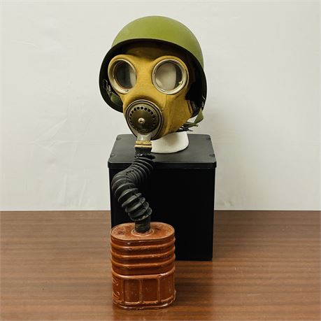 Original WWII Gas Mask w/ Canister and Steel Infantry Helmet