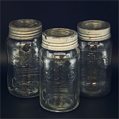 Set of 3 1940's Crown Canada Quart Sized Canning Jars with Zinc Lids