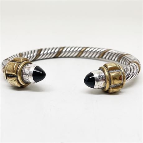 Onyx and Sterling and Brass Torque Cable Bracelet, Signed
