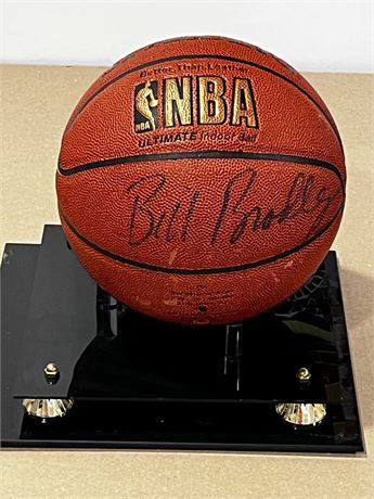 Autographed Bill Bradley Signed Basketball in Mirrored Display Case