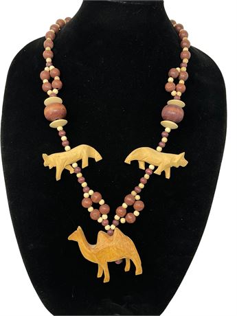 Wood Bead with Camel and Wolf Accent Necklace