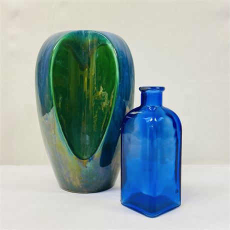 Decorative Blue Glass Bottle and Blue/Green Ceramic Vase