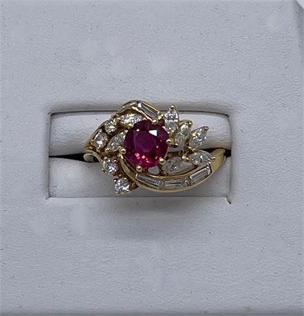 Ladies 18K Yellow Gold Ruby and Diamond Cocktail Ring