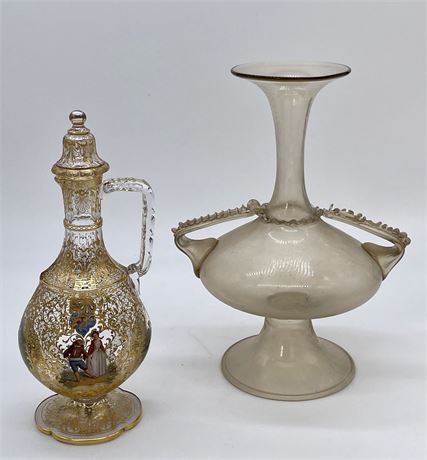Salviati Style Venetian Double Handle Vase and Gilt Bottle/Cruet