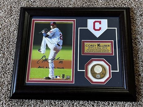 Framed Autographed Corey Kluber 2014 AL Cy Young Game Used Baseball Piece