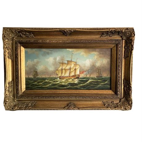 Battle of Trafalgar, Oil Painting Unsigned Set in Carved Frame