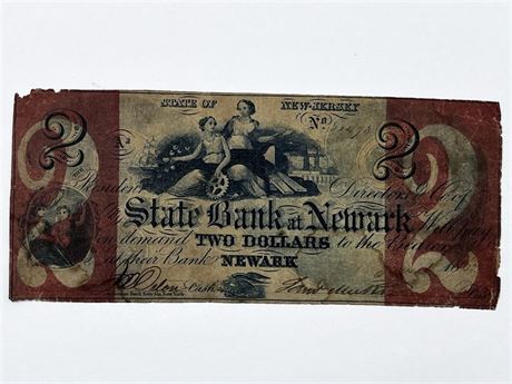 Rare Nineteenth Century New Jersey State Bank at Newark $2 Two Dollar Note