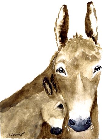 Original Watercolor Painting-Donkey Love