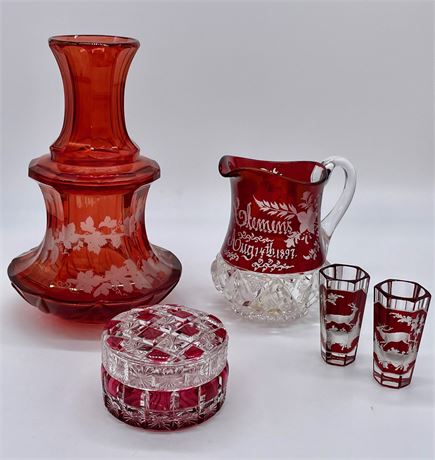 Group of Bohemian Cranberry Glass