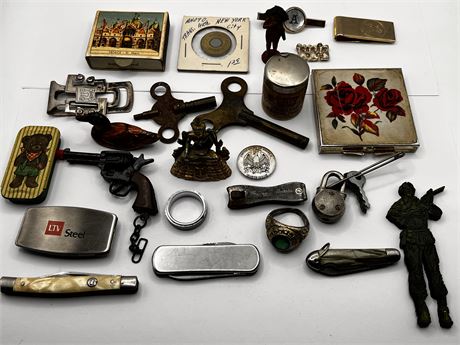 Estate Drawer Lot Antique Keys Tokens Jewelry Pocket Knives Billfold etc