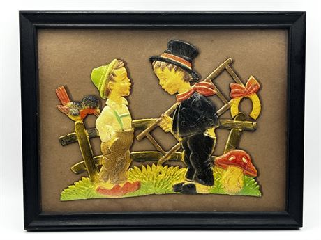 Early 1950's German Framed Painted Tin Two Boys in a Field Scene