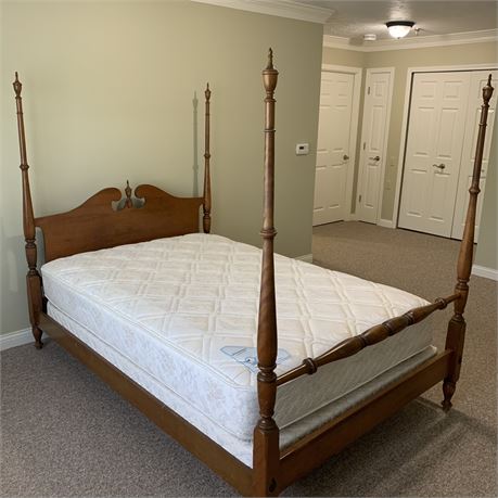 Ethan Allen Full-Size XL Maple Four Poster Bed Frame w/Mattress and Box Spring