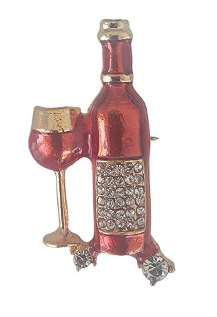 Rhinestone studded Wine bottle with wine glass brooch pin