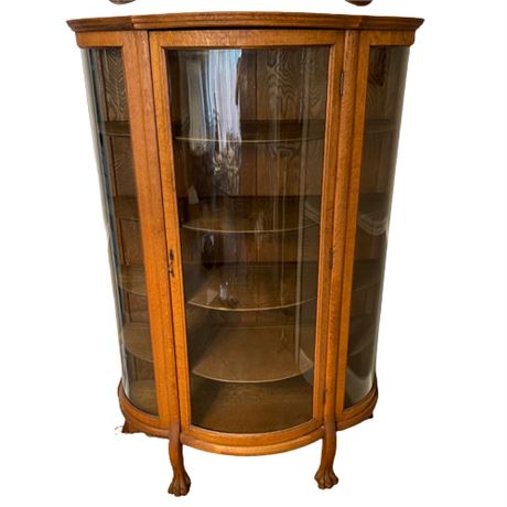 Antique Tiger Oak Curved Glass Curio Cabinet