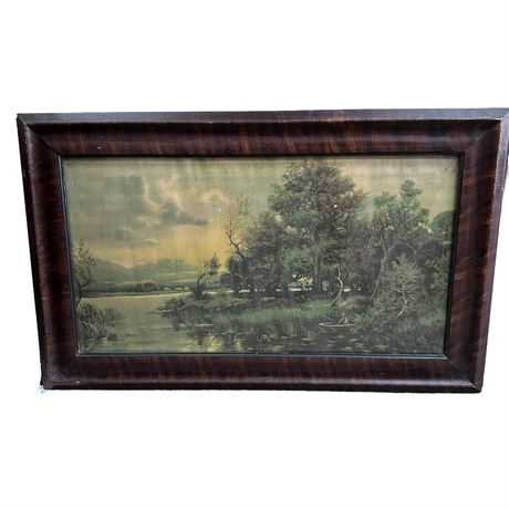 Vintage Tiger Striped Wood Framed Landscape Scene Print