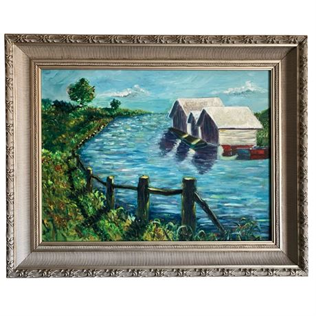 Unsigned Oil Painting of a Boathouse and River