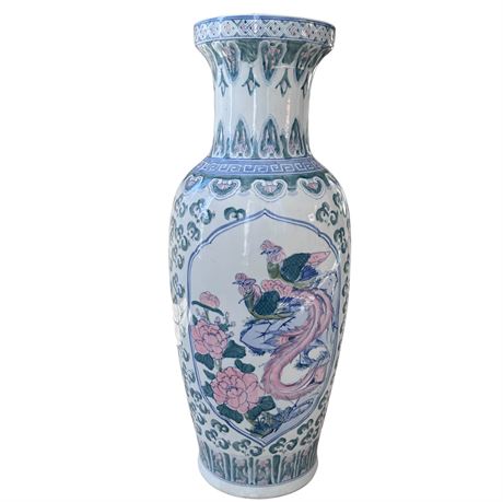 Large Porcelain Chinoiserie Floor Vase with Peacock Motif