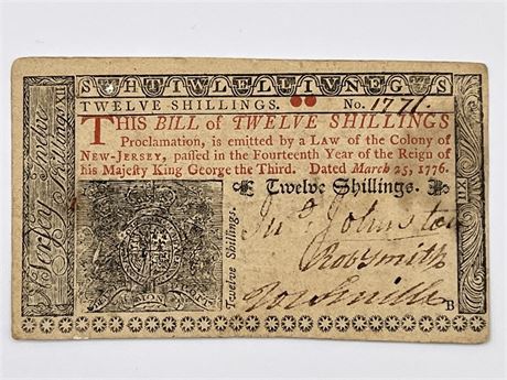 1776 New Jersey Twelve Shillings Colonial Note Currency