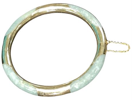 Vintage 14k Yellow Gold & Light Blue Jade Hinged Bangle Bracelet